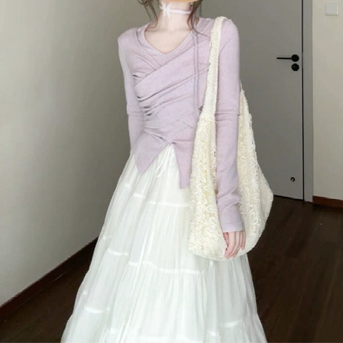 Сиреневый весенний лонгслив, длинная юбка, комплект, французский стиль, подходит для подростков