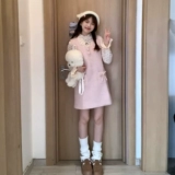 Розовое шерстяное демисезонное платье, мини-юбка, комплект, французский стиль, подходит для подростков