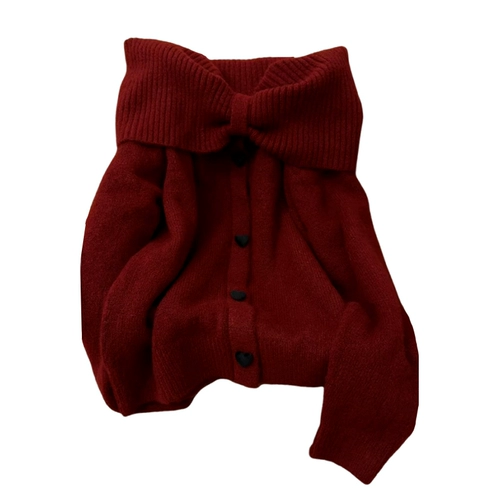 Красный демисезонный трикотажный свитер с бантиком, открытые плечи, изысканный стиль