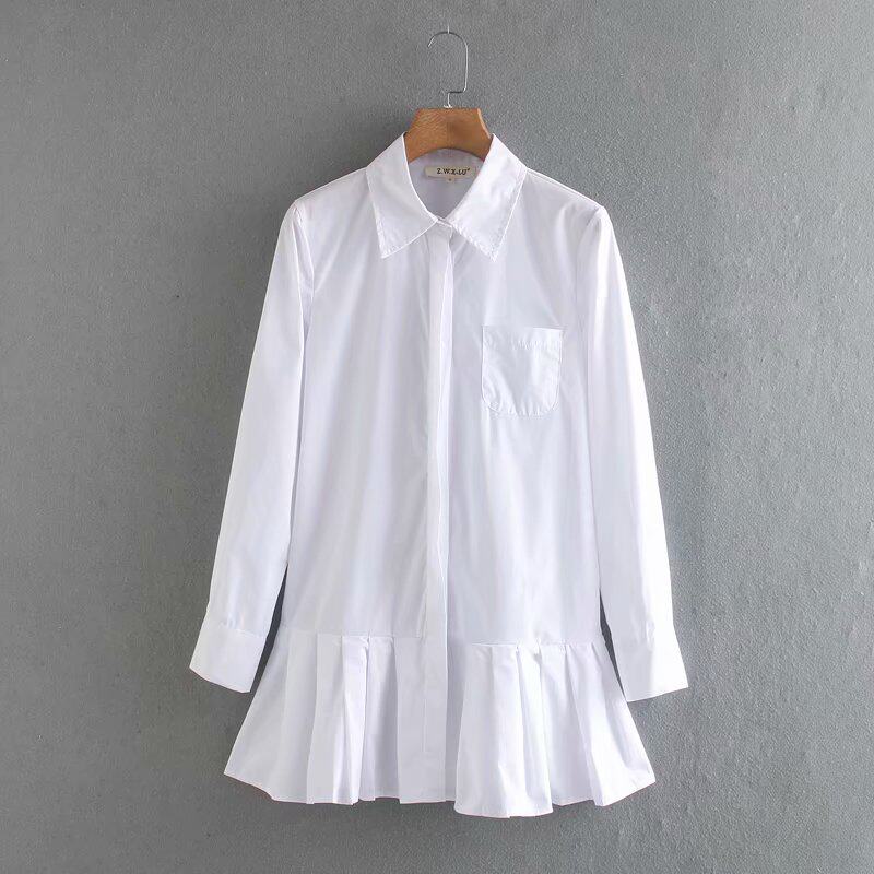 2020 New women solid color hem pleated white mini dress ele
