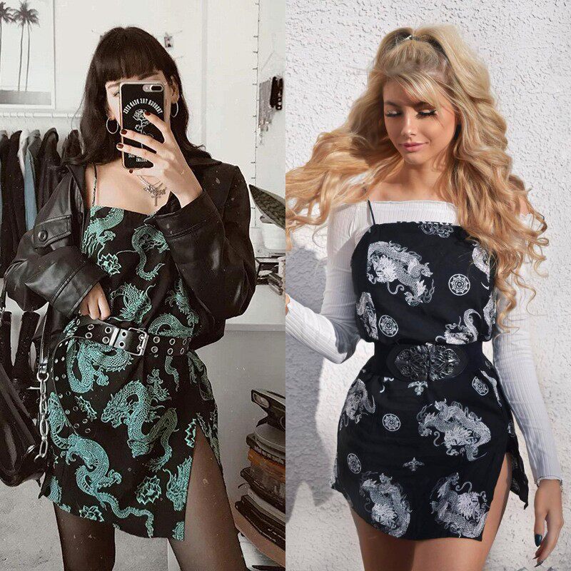 Vintage Dragon Printed Mini Dress Summer 2020 Women Street