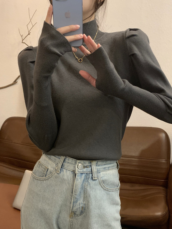 Gray Puff-Sleeve Half-Turtleneck Knit Sweater for Women, Stylish and Unique for Autumn and Winter, Can Be Worn as an Inner Layer or Top