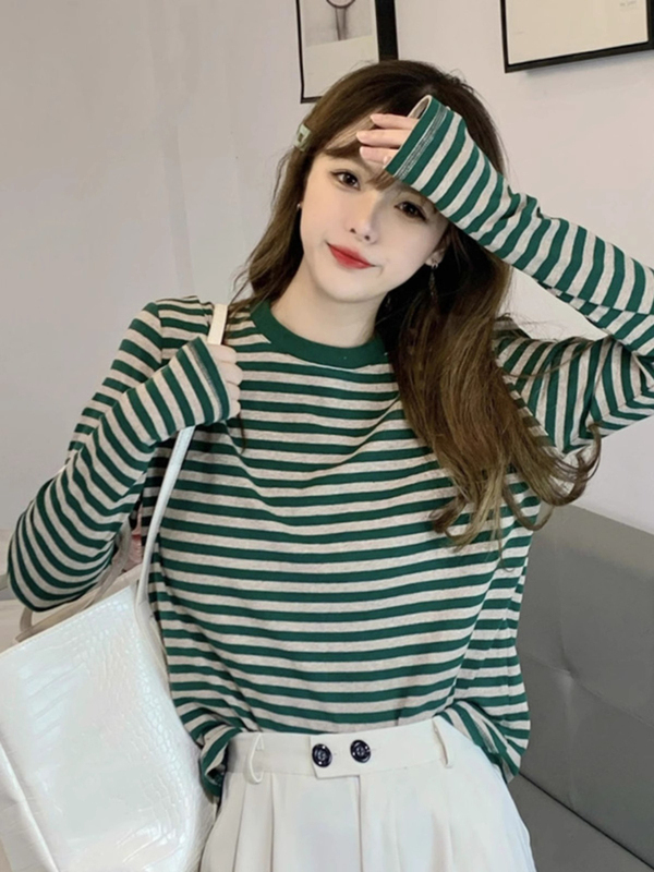 Green Striped Round Neck Long-Sleeved T-Shirt for Women, Spring and Autumn, Loose and Lazy Style, Inner Layering Shirt, Korean Design Top