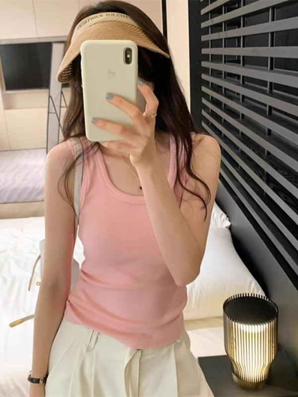 Pink Ribbed Racerback Camisole for Women, Summer Slim Fit, Conceals Side Breasts, Sleeveless Top for Layering or Outerwear