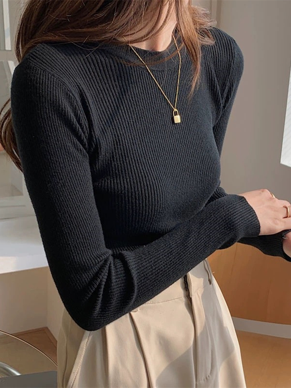 Slim-Fit Round-Neck Knit Base Shirt for Women, Autumn and Winter, Slim-Fitting Tight Sweater, Long-Sleeve T-Shirt, Black Top Slim-Fit Round-Neck Knit Base Shirt for Women, Autumn and Winter, Slim-Fitting Tight Sweater, Long-Sleeve T-Shirt, Black Top