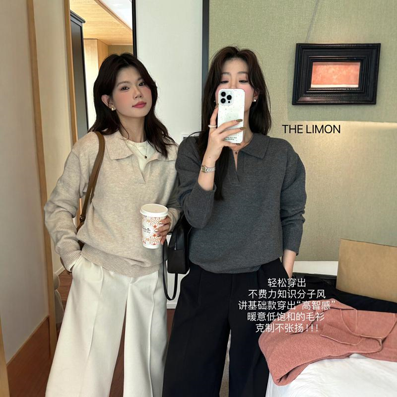 高級感のあるラペルセーター、女性用秋冬用、ゆったりとしたセーター、インナーボトミングシャツ、ポロシャツトップス