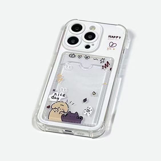 Cat and Dog Couple Card Holder Case Can Hold Polaroid Photos, Suitable for Apple 17/16 Pro Max Phone Case, 15/13 Soft Rubber, 11 Full Coverage, X/Xs Shockproof