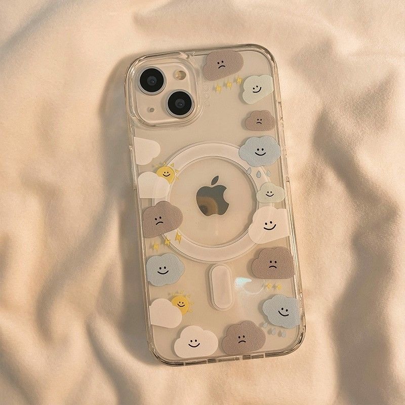 Cute Cloud Emoji Magnetic Case Suitable for Apple 17/14 Pro Max Phone Case, Transparent iPhone 13 New Model 16 Female 14 Pro Large Hole