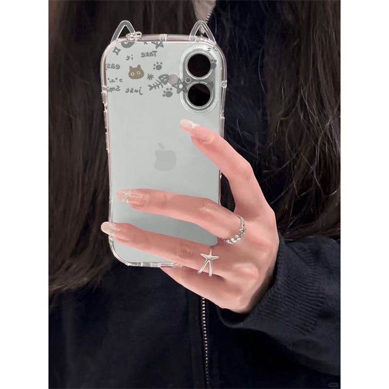 Transparent Cat Ears Cute Cat Doodle Suitable for Apple 17 Cat Ears Apple 17Pro Phone Case iPhone 15 Pro Max Simple Air Cushion