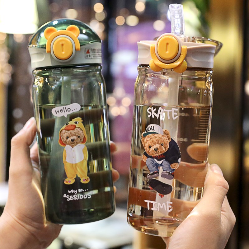 Han Edition Sports Water Glass Female Summer Net Red Money Creative Play Lid Lifting Rope Straw Plastic Cup Small Bear High Face Value Mug