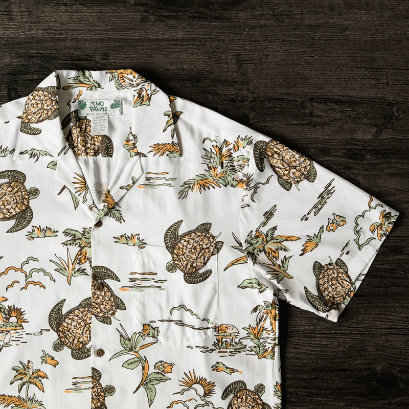 [Return Gift] Two Tp Palms American-Made Off-White Rayon Turtle Print Cuban Collar Shirt