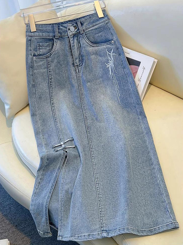 Chinese Style Denim Skirt for Women, 2025 Summer New High-Waisted Embroidered Mid-Length A-Line Slit Pencil Skirt