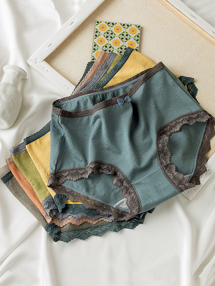 4 Dress Retro Morandi Color Sexy Briefs Female Cotton Fabric Middle Waist Pure Cotton Crotch Lace Girl Briefs-Taobao