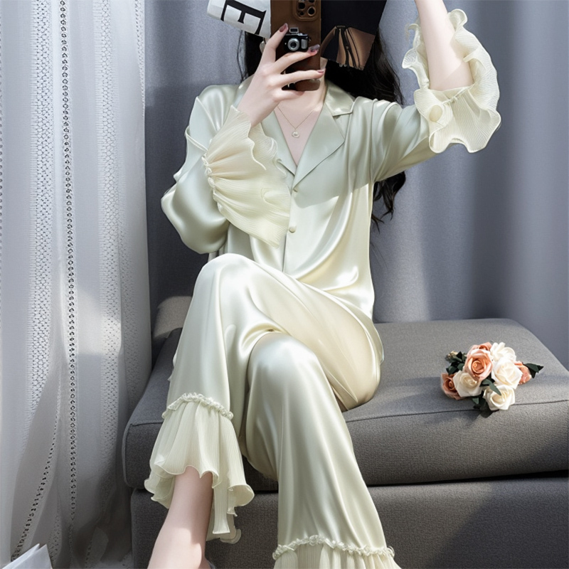 Victoria Water Silk French Sweet Pajamas Women's Spring and Autumn Long Sleeve Summer Thin Ice Silk Homewear Set