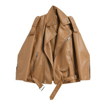 Brown leather jacket for women 2022 autumn and winter new Korean style versatile loose BF style belt motorcycle leather jacket trendy