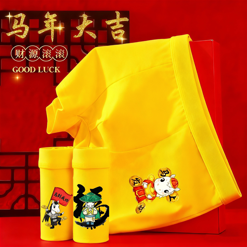 2026 Year of the Horse Men's Yellow Underwear, Zodiac Year Underpants, Prosperity and Success, Get Rich Immediately, Boxer Briefs