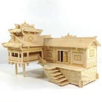 Solid Jigsaw Wood Assembled House 3D Wooden Emulation Construction Model Handmade Wood House Diy Puzzle Toy