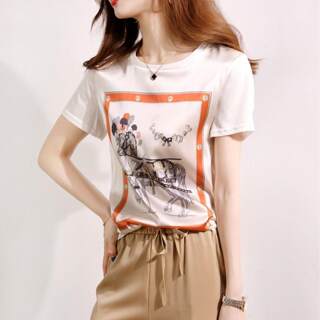 Summer new satin print new women's all-match age-reducing slimming round neck splicing short-sleeved fashionable temperament top