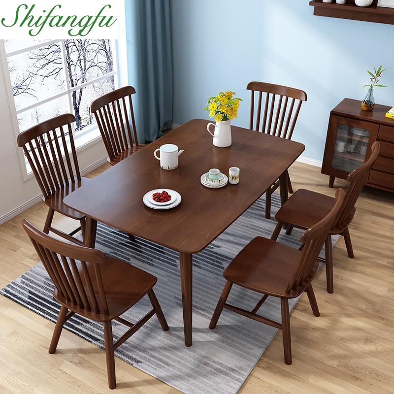 Nordic solid wood dining table 6 people with log rectangular dining table and chairs apartment folk accommodation small family dining table-Taobao