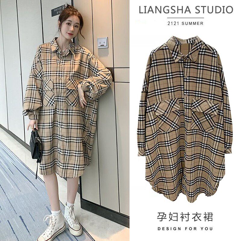 Pregnancy Woman Dress Spring Loaded With Long Sleeves Over Kneecap, Long Version Casual Blouse Spring Autumn Checkered Blouse Jacket Tide