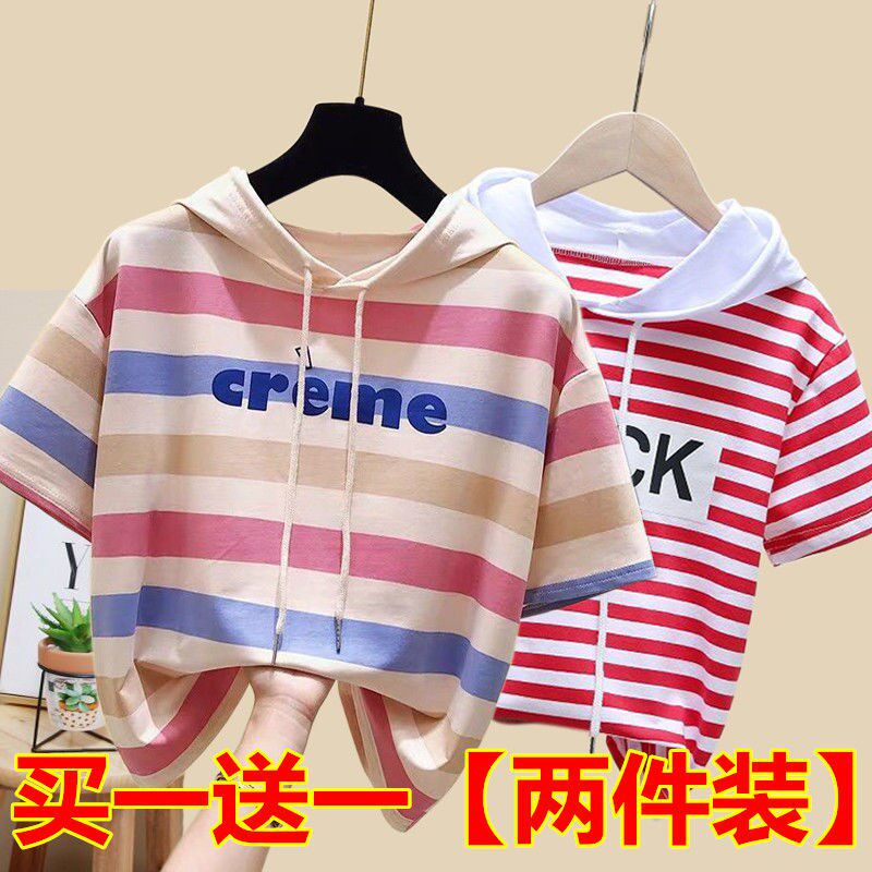 Single two-piece children's clothing new striped short-sleeved T-shirt summer Korean version loose foreign style top girls hooded sweater