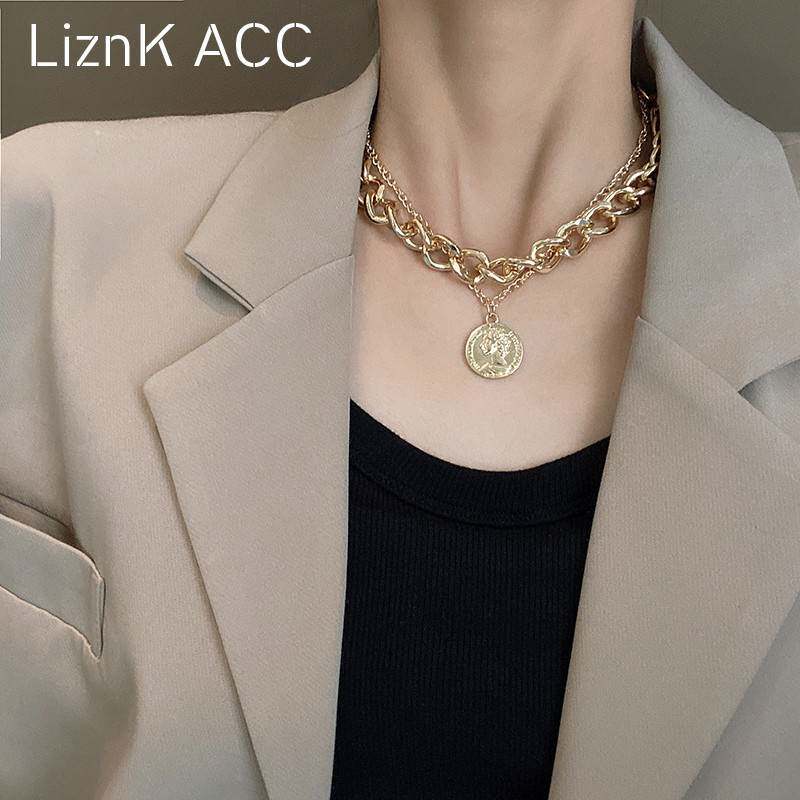 Double laminated with European and American gold coins hip hop neck necklace necklace 2020 New female light extravagant and small crowdsourced design sweater necklace