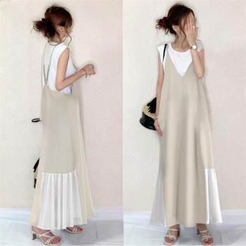 Two-Piece Set Japanese Style Fashion Loose Sweet Apricot Color Adjustable Pleated Patchwork Spaghetti Strap Dress + Sleeveless T-Shirt