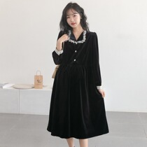 Law-style light-cooked ~ maternity dress autumn winter long sleeves gold velvety dress fashion spicy mothers turn loose and can be laced with laces