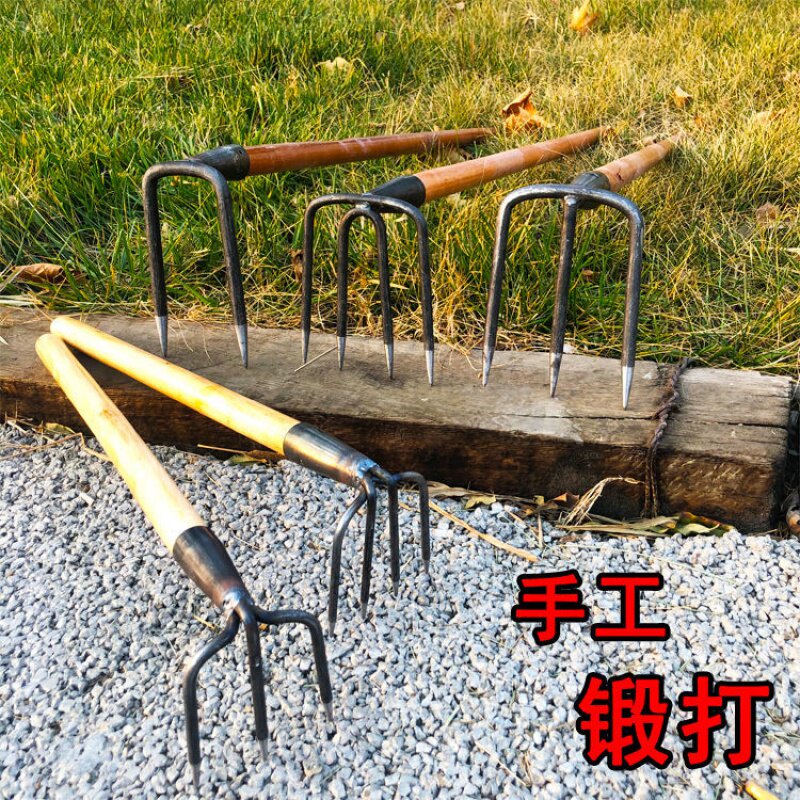 Four-teeth hoes dig ground three teeth two-tooth steel rake garden nail grab pine grab grab grass rake two teeth pick
