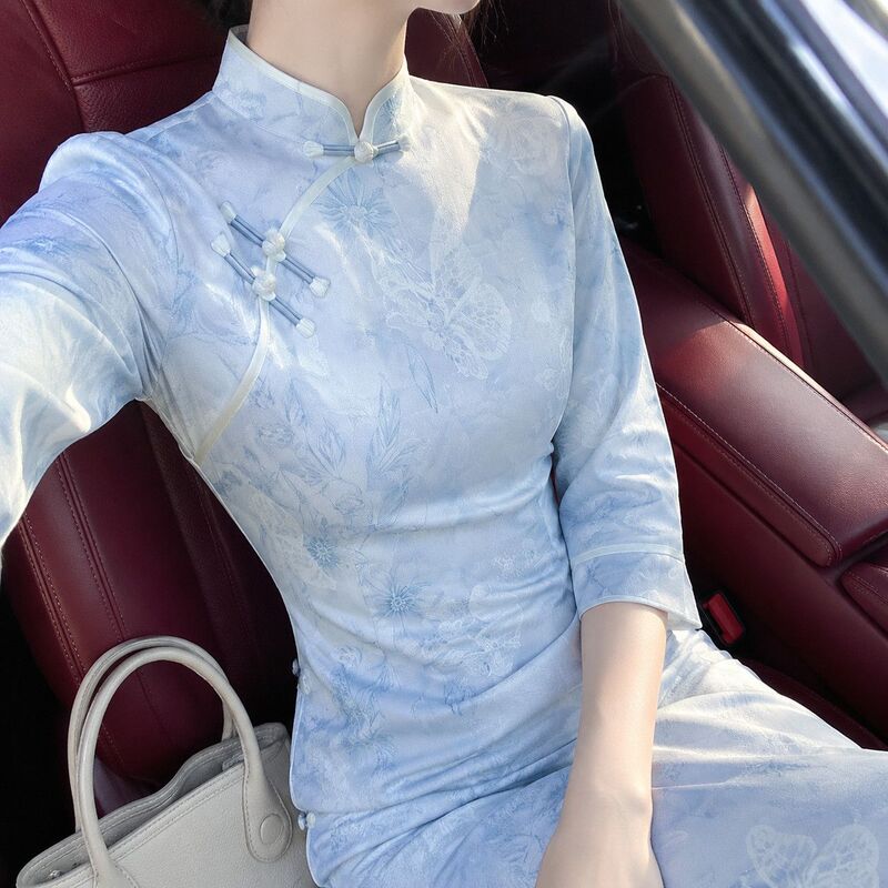 Blue Cheongsam 2026 New Autumn and Winter Long-Sleeve Improved Young-Style New Chinese-Style Dress Suitable for Daily Wear