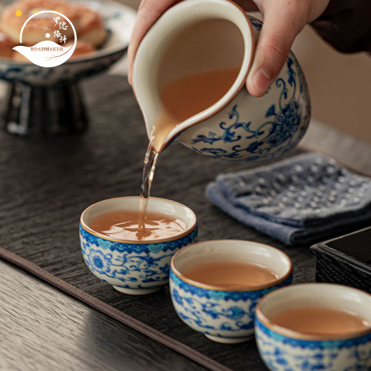 ROADMAKER中式汝窑青花瓷繁花功夫茶具家用办公送礼高档礼盒套装