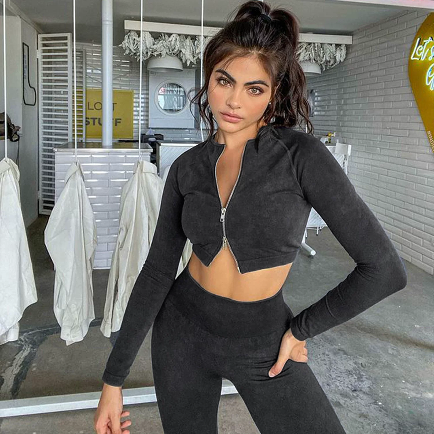 (Граница торговли), одежда для йоги с молнией, sexy куртка, белье для коррекции формы бедер, облегающие л leggings, брюки для зала, спортивная лонгслив, рукава, комплект, европейский стиль, высокий пояс