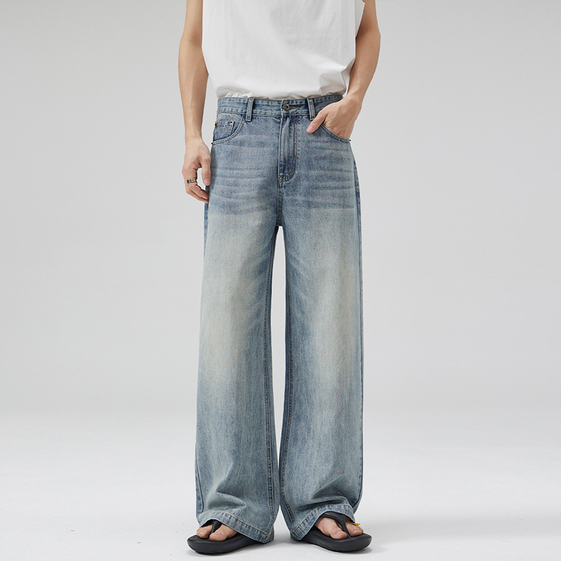 ‘No Logo' Light Blue Washed Jeans Men's Loose Straight A-Line Draped Simple Basic Pants Trendy ‘No Logo' Light Blue Washed Jeans Men's Loose Straight A-Line Draped Simple Basic Pants Trendy