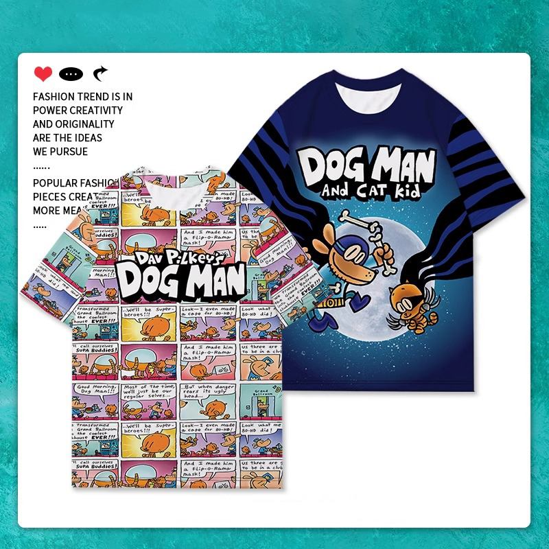 Comic Dogman Detective Dog Short-Sleeve T-Shirt for Men, Women, and Children, Parent-Child Matching Outfit, Half-Sleeve Top, Personalized Graphic Tee