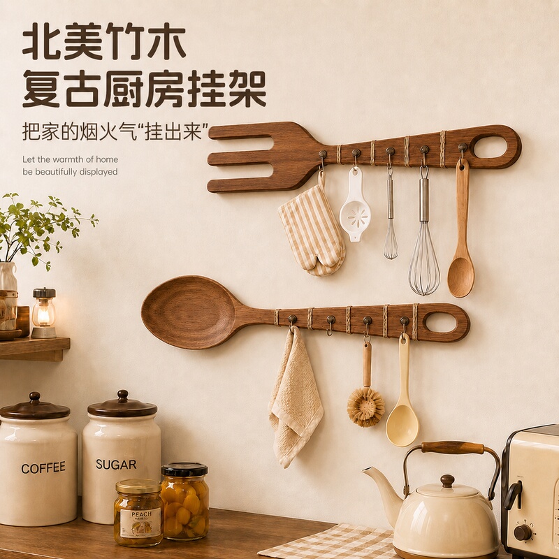 French Retro Wooden Kitchen Hanging Rack, Oversized Fork-Shaped Creative DIY Wall Storage Rack, Spoon Hook Rack French Retro Wooden Kitchen Hanging Rack, Oversized Fork-Shaped Creative DIY Wall Storage Rack, Spoon Hook Rack