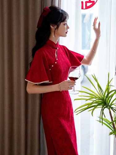 Красное вечернее платье, ципао, осеннее, китайский стиль, подходит для подростков, изысканный стиль