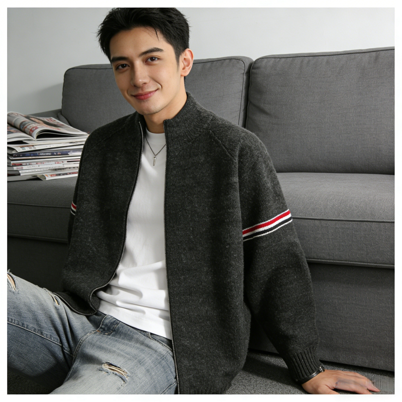 Tb Trendy Brand Striped Color-Block Knit Cardigan Sweater Jacket for Men, New Autumn and Winter Tommy American-Style Stand Collar Cardigan, Thickened Tb Trendy Brand Striped Color-Block Knit Cardigan Sweater Jacket for Men, New Autumn and Winter Tommy American-Style Stand Collar Cardigan, Thickened