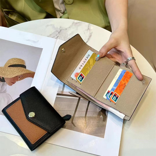 2022 new contrasting color niche design for women's wallet wallet genuine leather short coin wallet premium sense short clip card bag