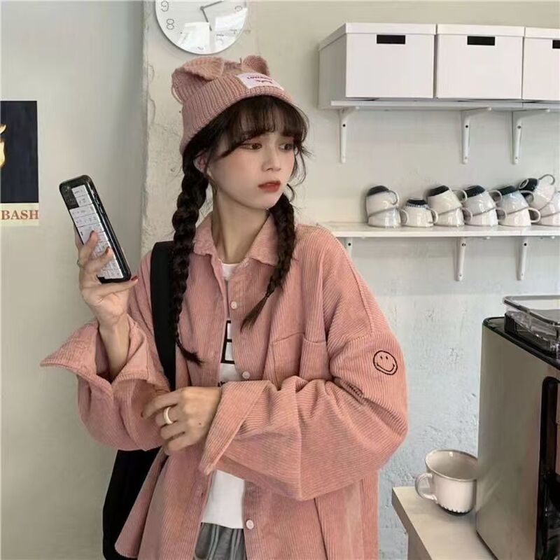 Designed Shirt for Female Students, Spring and Autumn 2024 New Korean Style Loose Corduroy Shirt, Trendy Short Front Long Back Jacket