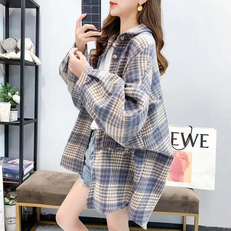 Brushed Thickened Mid-Length Plaid Shirt for Women, Woolen Long-Sleeved Autumn Loose Retro Hong Kong Style Top Jacket