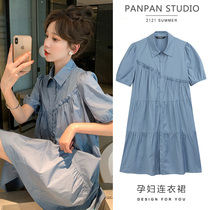 Pregnant woman one-piece dress Summer loose Collar Pure Cotton Blouse Short Sleeve Summer Shirt Skirt Gestational summer dress suit