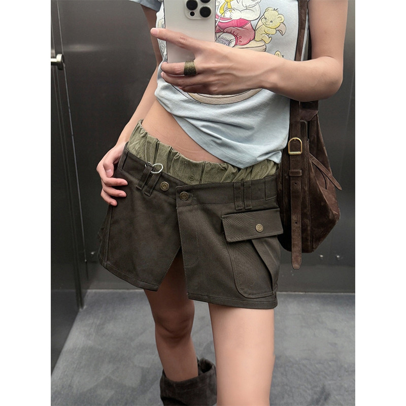 Elegant Women's Casual Deconstructed Artist-Style Flap Pocket Workwear Color-Block Two-Piece Set with Short Skirt and Shorts Elegant Women's Casual Deconstructed Artist-Style Flap Pocket Workwear Color-Block Two-Piece Set with Short Skirt and Shorts