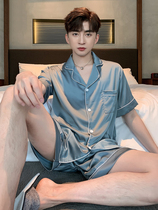 Mens pajamas summer thin ice silk short-sleeved shorts two-piece set summer solid color simple cardigan home clothes men