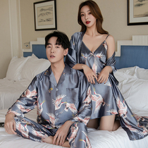 2 sets of price couple pajamas womens summer long sleeve set retro spring and autumn Thin Ice Silk mens silk home clothes