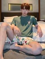 Pajamas mens summer short-sleeved cotton thin teenager summer mens cotton casual home wear suit