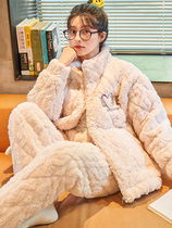 Pajamas Woman Winter 2021 New Coral Suede Triple laminated cotton padded jacket with velvet thickened Home Clothing Autumn winter kit