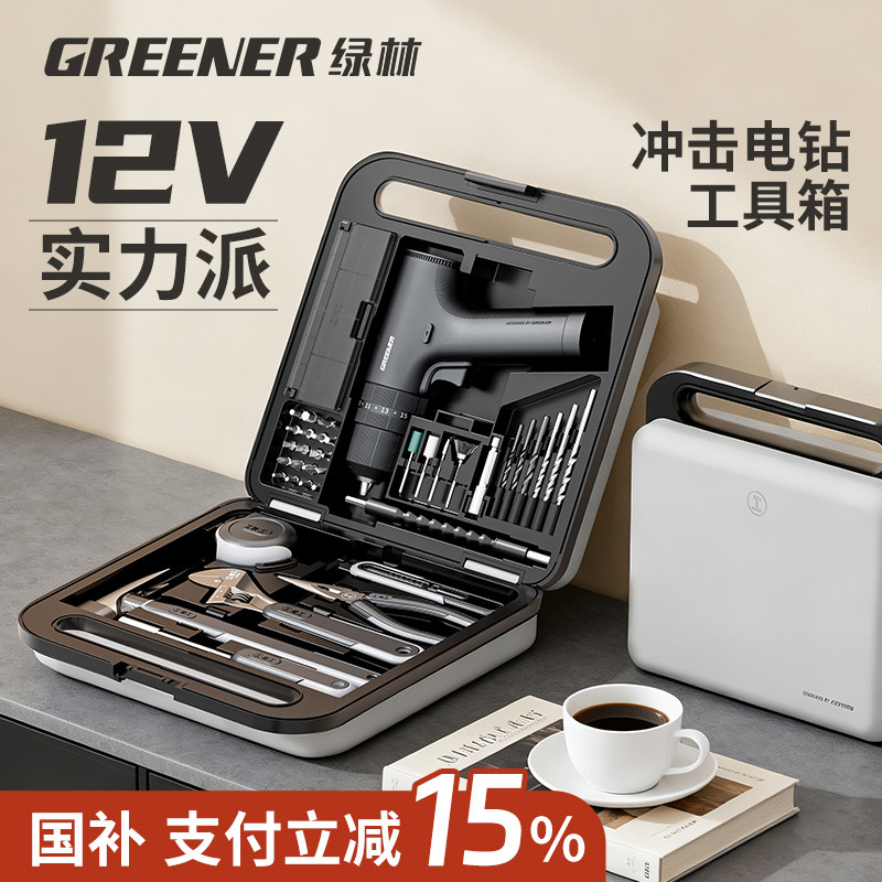 绿林12V电钻工具箱家用五金套装大全高端家庭电动维修全套组合