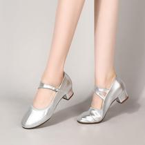 Brand womens 2024 new summer square dance shoes tendon sole soft leather dance shoes womens genuine leather soft sole dance shoes silver