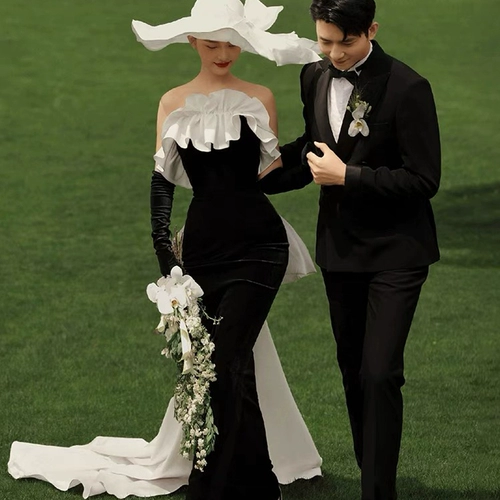 Ретро бархатное черное свадебное платье, французский стиль