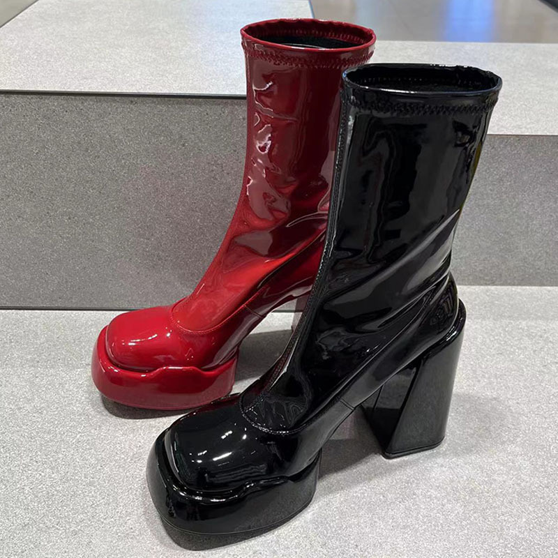 Catting&Kathy2026 New Summer Women's Boots 90360369 Square Toe Ultra-High Heel Patent Leather Elastic Short Boots